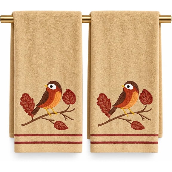 Serafina Home Embroidered Fall Bird Hand Bathroom Towel Set, 100% Cotton, 16 x 26" inches, Set of 2 Seasonal Bath Decor