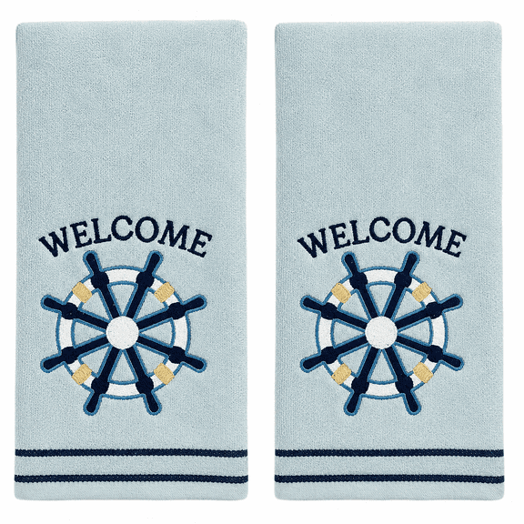 Serafina Home Embroidered Welcome Ship's Wheel Hand Towels, 2 Piece Set, 16 x 25 inches, 100% Cotton, Coastal Theme