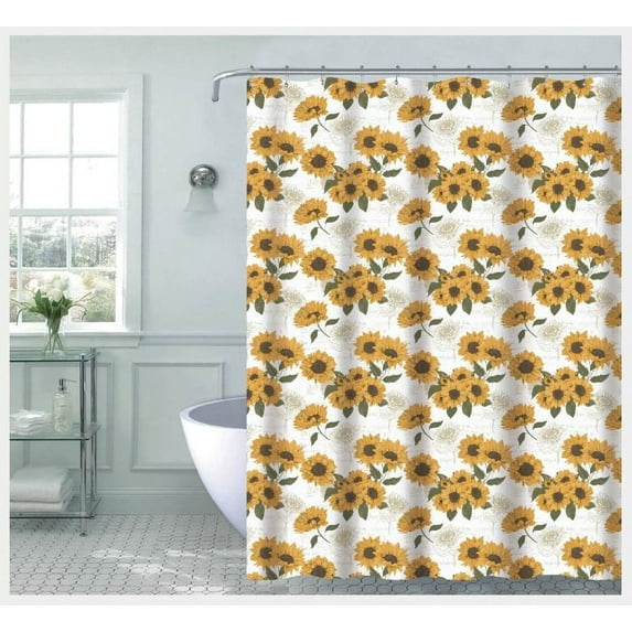 Serafina Home Yellow Gold Green Brown Beige White Fabric Fall Shower Curtain for Bathroom: Country Rustic Floral Sunflower Design, 70 x 72 Inches