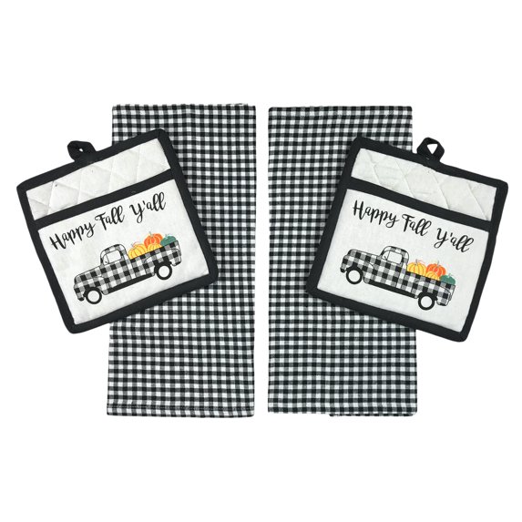Serafina Home Fall Autumn Country Kitchen Gift Set: Two Hand Towels and Two Matching Pot Holders, Black White Check with Vintage Truck and Pumpkins