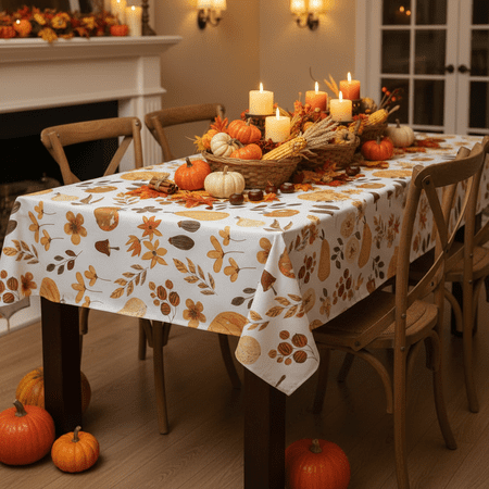 Serafina Home Fall Autumn Flannel Back Vinyl Tablecloth: Traditional Pumpkins And Colorful Leaves Print, 60" x 90" Inch Rectangle