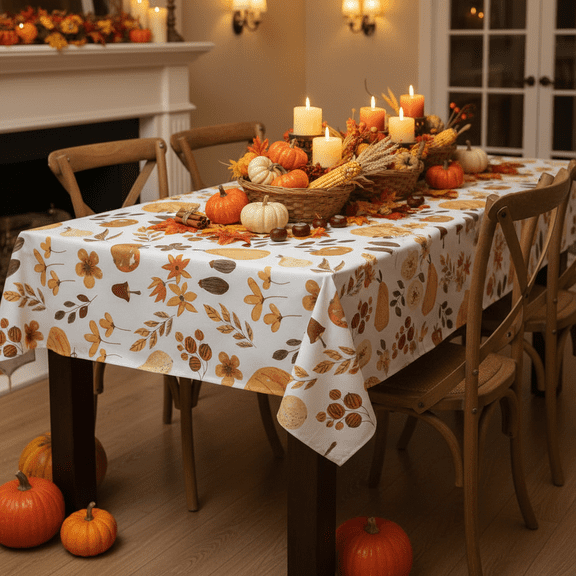 Serafina Home Fall Autumn Flannel Back Vinyl Tablecloth: Traditional Pumpkins And Colorful Leaves Print, 60" x 90" Inch Rectangle