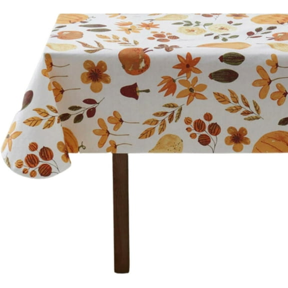 Serafina Home Fall Autumn Flannel Back Vinyl Tablecloth: Traditional Pumpkins And Colorful Leaves Print, 60" x 90" Inch Rectangle