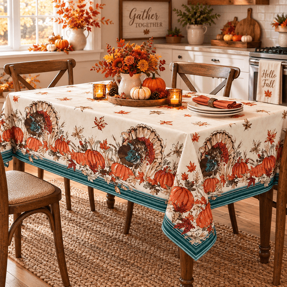 Serafina Home Fall Autumn Flannel Back Vinyl Tablecloth: Watercolor Sketch of Turkey Leaves and Pumpkins Border, Beige Background, Tan Red Green Orange Brown 52" x 70"