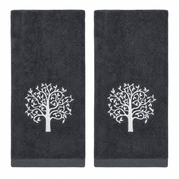Serafina Home Tree of Life Bath Hand Towels Bathroom Decor Farmhouse: Grey Gray Cotton Towels with Embroidered White Ornate Tree, 2 Piece Set