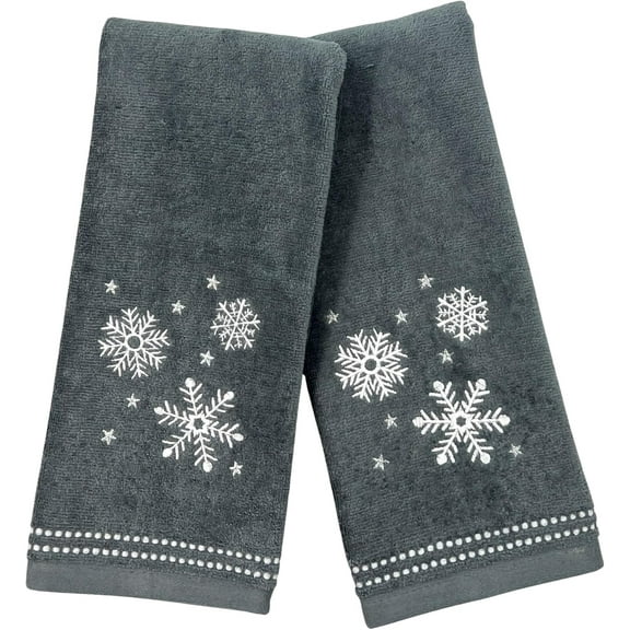 Serafina Home Fall Bath Hand Towels Bathroom Decor Grey Gray Cotton Towels with Embroidered Snowflakes, 2 Piece Set