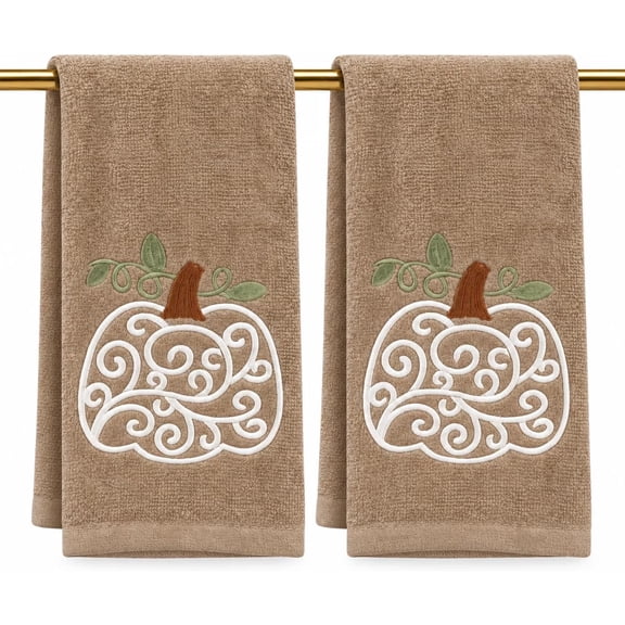 Serafina Home Fall Bathroom Fingertip Towels – Set of 2 Beige 100% Cotton Embroidered White Pumpkin & Vine Design – 18 x 12” Decorative Bath & Kitchen Towels