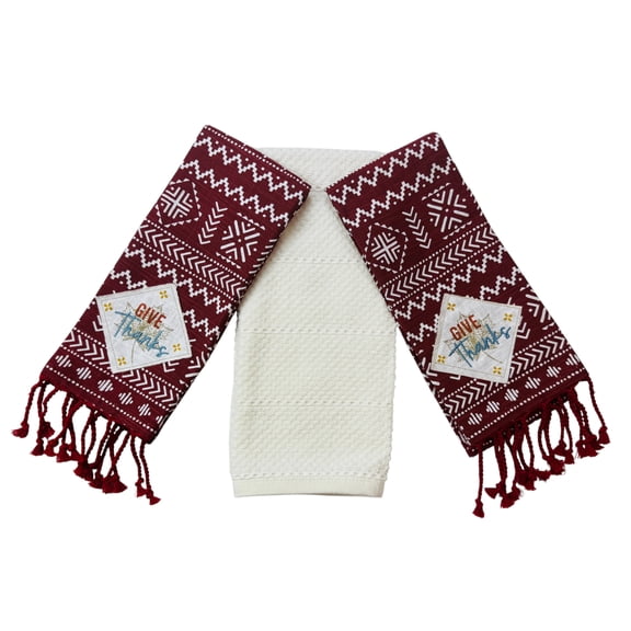 Serafina Home Give Thanks Kitchen Hand Towels Set: Home Decor Colorful Fall Colors with a Southwestern Motif with Tassels (Red Color)