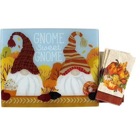 Serafina Home Fall Decor Decorative Glass Kitchen Cutting Board: Autumn Fun Garden Gnomes Enjoying the Seasons Best