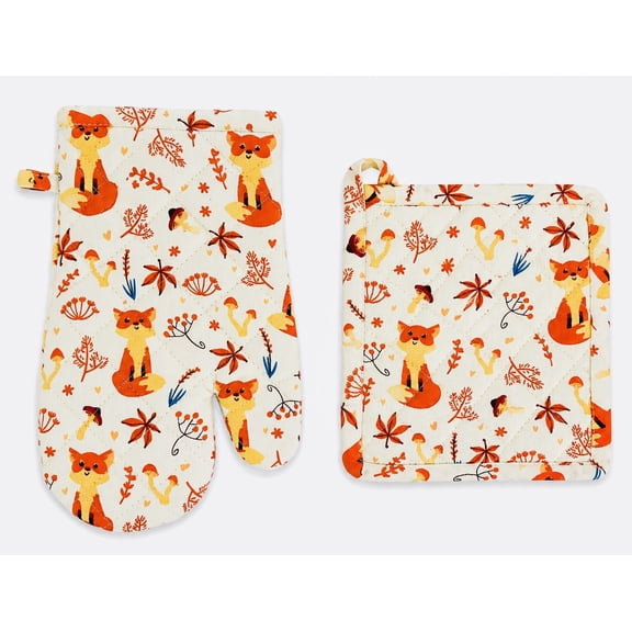 Serafina Home Fall Decor Fall Fox Kitchen Potholder Oven Mitt Set, Colorful Autumn Woodland Creatures