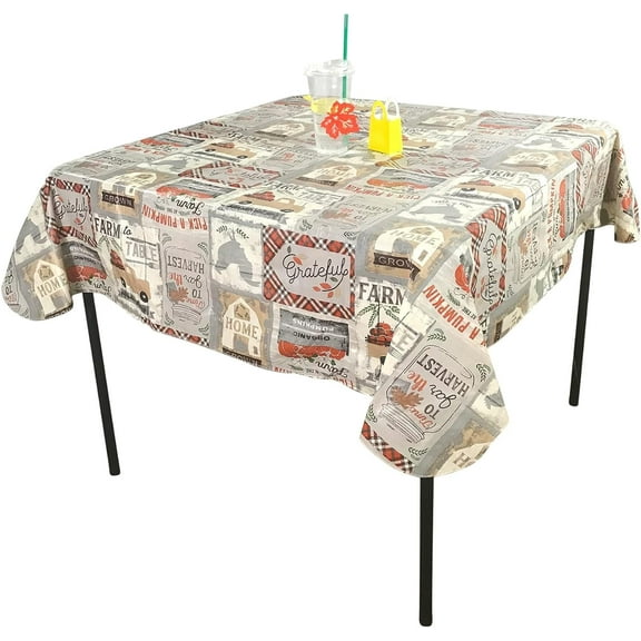 Serafina Home Fall Decor Farmhouse Flannel Vinyl Tablecloth: Country Rustic Farm to Table Pickup Truck Plaids Rooster Vintage Signs, Grey Orange Beige Ivory Design 52" x 90"