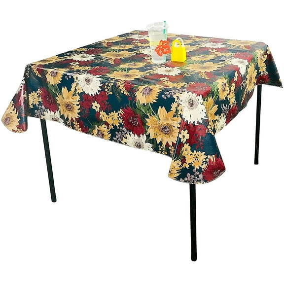 Serafina Home Fall Farmhouse Decor Flannel Vinyl Tablecloth: Colorful Autumn Sunflowers on Blue Background (Autumn Sunflowers, 52" x 90" Inch)