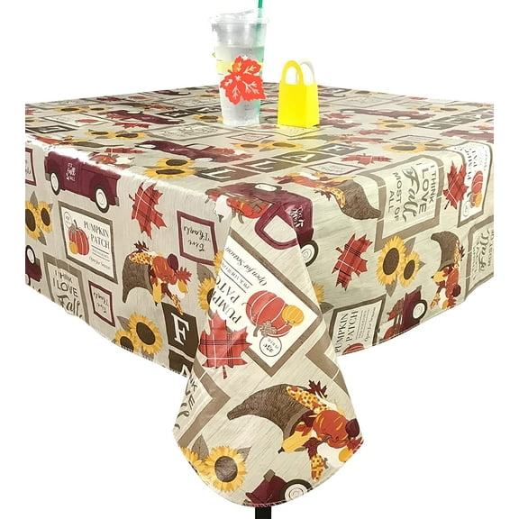Serafina Home Fall Farmhouse Decor Flannel Vinyl Tablecloth: Colorful Pictorial Farm Truck Sunflowers Cornucopia Pumpkins Harvest Greetings 60"