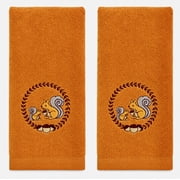 Serafina Home Fall Fingertip Towels: Elegant Embroidered Squirrels with Acorns in Autumn Wreath Design on Plush Burnt Orange, 2 Piece Set, 12" x 18" Inch