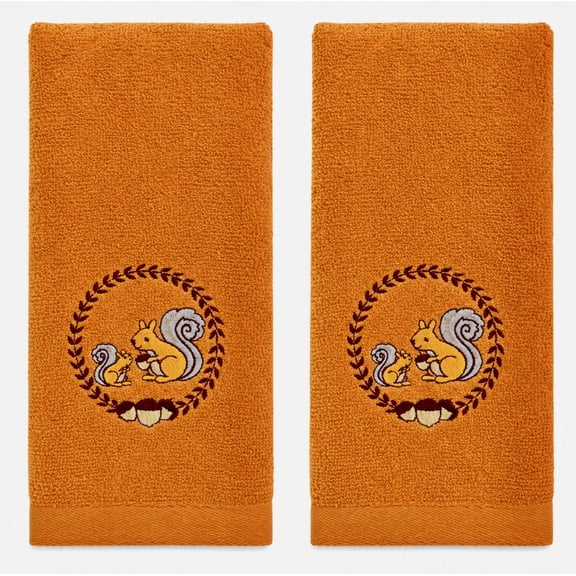 Serafina Home Fall Fingertip Towels: Elegant Embroidered Squirrels with Acorns in Autumn Wreath Design on Plush Burnt Orange, 2 Piece Set, 12" x 18" Inch