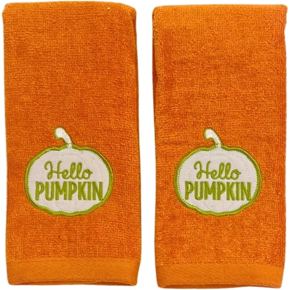Serafina Home Decorative Fall Fingertip Towels: White Pumpkin Patch with Embroidered Hello Pumpkin Design on Plush Orange, 2 Piece Set, 12" x 18" Inch Each