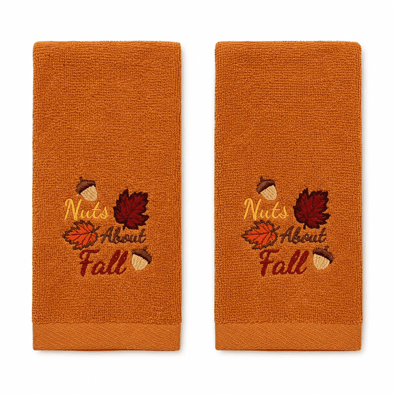 Serafina Home Decorative Fall Decor Fingertip Towels: Embroidered Nuts About Fall Acorns Leaves on Plush Orange, 2 Piece Set, 12" x 18" Inch Each