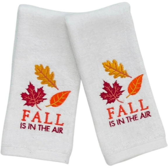 Serafina Home Decorative Fall Fingertip Towels: Plush Velour Cotton Embroidered Colorful Leaves Fall is in The Air, Set of 2