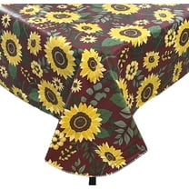Serafina Home Fall Flannel Back Vinyl Tablecloth: Autumn Harvest Yellow Brown Sunflowers on Burgundy Red Background 52" x 70"