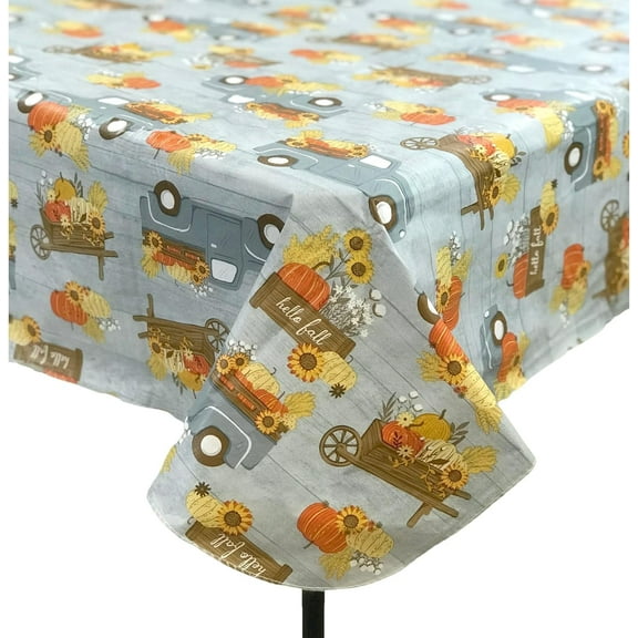 Serafina Home Fall Flannel Back Vinyl Tablecloth: Modern Farmhouse Gray Farm Trucks with Colorful Pumpkins Autumn Flowers Wheat 52" x 52"