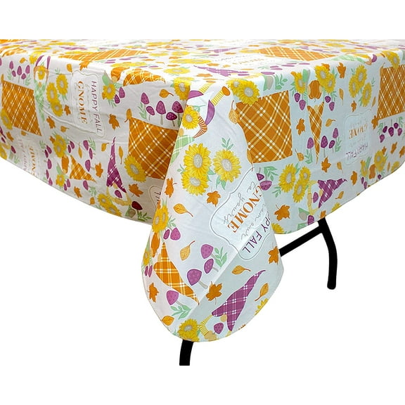 Serafina Home Fall Garden Gnomes Vinyl Flannel Back Tablecloth: Farmhouse Pumpkin Sunflowers Orange Gingham Background, Happy Fall from Our Gnome to Yours (52" x 90" inch, Rectangle)