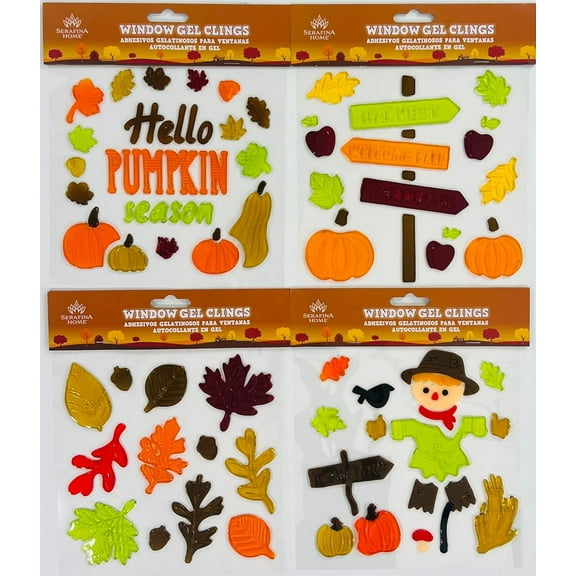 Serafina Home Fall Gel Window Clings: Hello Fall Pumpkins Sunflowers Scarecrow Leaves Thanksgiving Decorations for Home Office Windows Mirrors and More