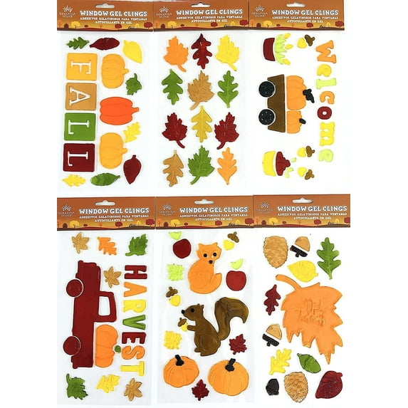 Serafina Home Fall Gel Cling Stickers for Windows and Mirrors - 6 Sheets of Reusable Seasonal Designs: Leaves, Pumpkins, Harvest Truck, Woodland Animals and More!