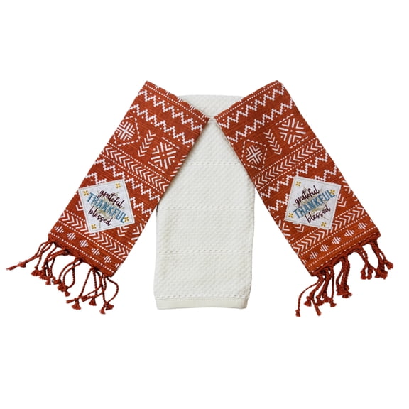 Serafina Home Grateful Thankful Blessed Kitchen Hand Towels Set: Home Decor Colorful Fall Colors with a Southwestern Motif with Tassels (Orange Color)
