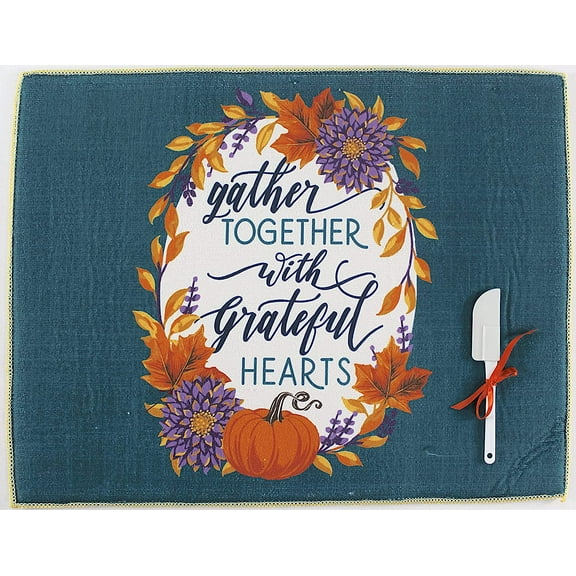 Serafina Home Fall Harvest Dish Drying Mat: Colorful Gather With Grateful Hearts Messages Surrounding Autumn Flowers Teal Background with Yellow Waffle Backing