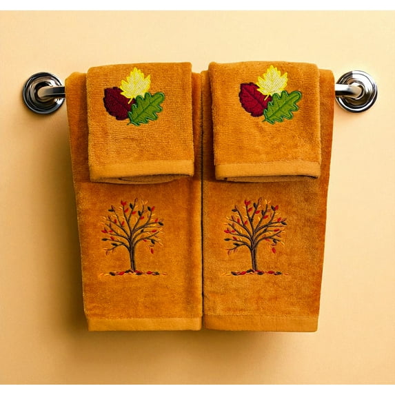 Serafina Home Fall Harvest Guest Hand & Fingertip Bathroom Bundle 4 Pc Set - Plush Orange Embroidered Autumn Tree And Leaves Design, 16 x 25, 12 x 18 Bath Home Decor, 100% Terry Velour Cotton