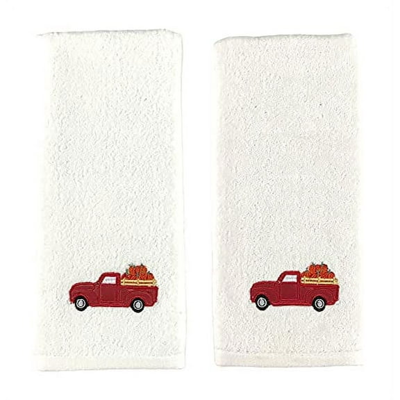 Serafina Home Fall Harvest Hand Towels: Ivory Cotton Towels with Vintage Truck Carrying Pumpkins, 2 Piece Set (Red Truck)