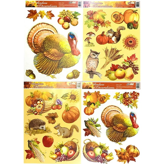 Serafina Home Fall Harvest Vinyl Window Clings: Turkeys Owl Squirrels Sunflowers Pumpkins Fruit Leaves and More 4 Sheets