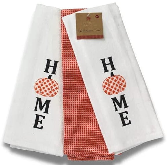 Serafina Home Fall Home Pumpkins Kitchen Towels Set 3 Pc.: Herringbone Weave with Gingham Print Pumpkin and Waffle Towel.