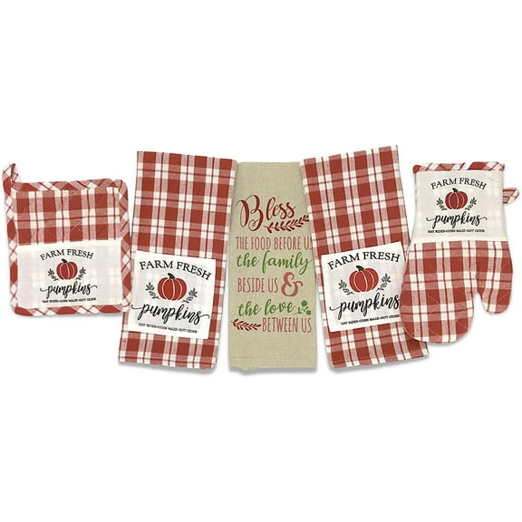 Serafina Home Fall Kitchen Towels Pot Holder Set 5pc: Terracotta Red Orange Plaid with Farm Fresh Pumpkins Applique