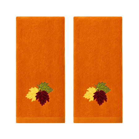 Serafina Decor Farmhouse Fall Hand Towels: Terracotta Rust Cotton Towels with Autumn Leaves of Burgundy Green and Yellow Hand Towel, 2 Piece Set
