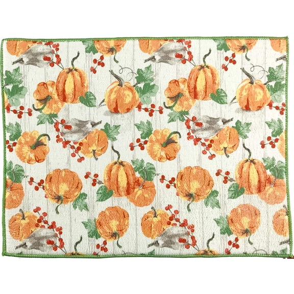 Serafina Home Fall Pumpkin Dish Drying Mat: Colorful Orange Pumpkins with Harvest Green Vines Red Berries on Rustic Background