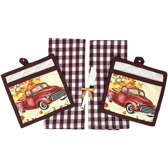 Serafina Home Fall Thanksgiving Kitchen Gift Set: Two Farmhouse Plaid Check Towels and Two Matching Pot Holders Cute Harvest Truck Design