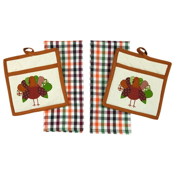 Serafina Home Fall Thanksgiving Kitchen Gift Set: Two Hand Towels and Two Matching Pot Holders Country Patchwork Turkey Design