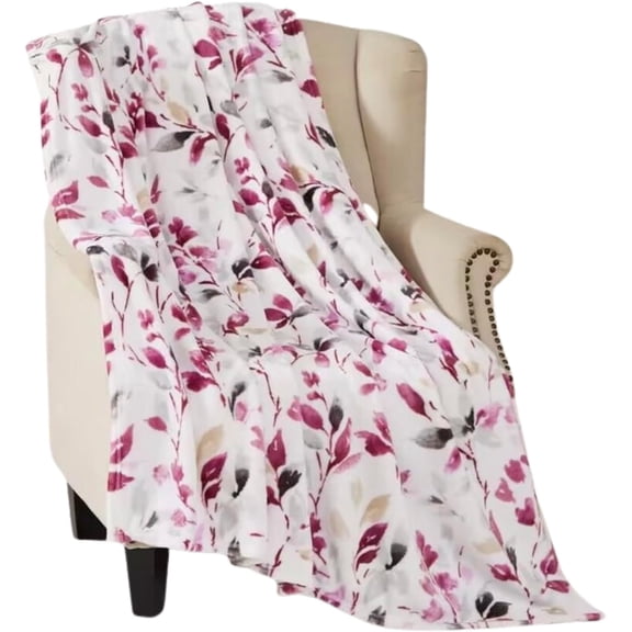 Serafina Home Fall Throw Blanket: Sketched Leaves of Pink Purple and Gray on White Accent for Sofa Couch Chair Bed Dorm