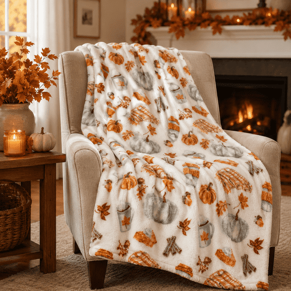 Serafina Home Fall Throw Blanket Soft Fleece: Pumpkin Spice and Everything Nice with Books Wraps Coffees Lattes Pumpkins Pies Oversized 50" x 70"