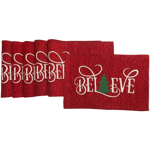 Serafina Home Fancy Fun Believe Chenille Textured Christmas Placemats, Set of Six (6) Tapestry Weave Fabric, for Holiday's, Christmas, Winter Seasons