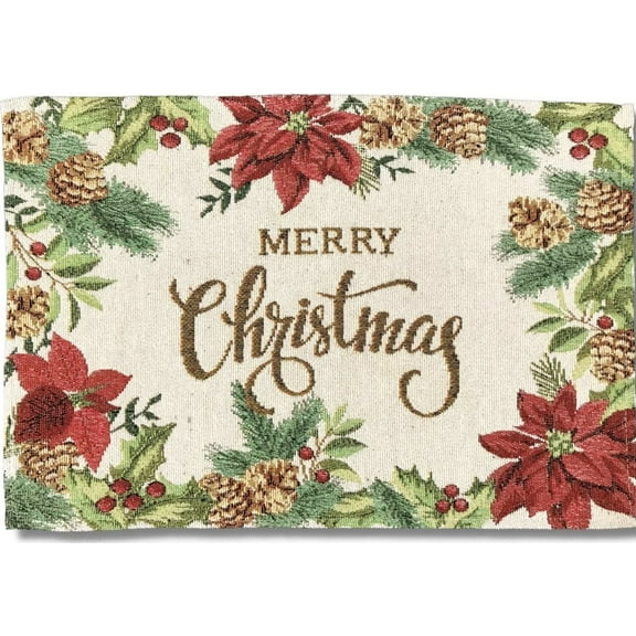 Serafina Home Merry Christmas Placemats, Set of Six (6) Tapestry Weave Fabric, for Holiday's, Christmas, Winter Seasons