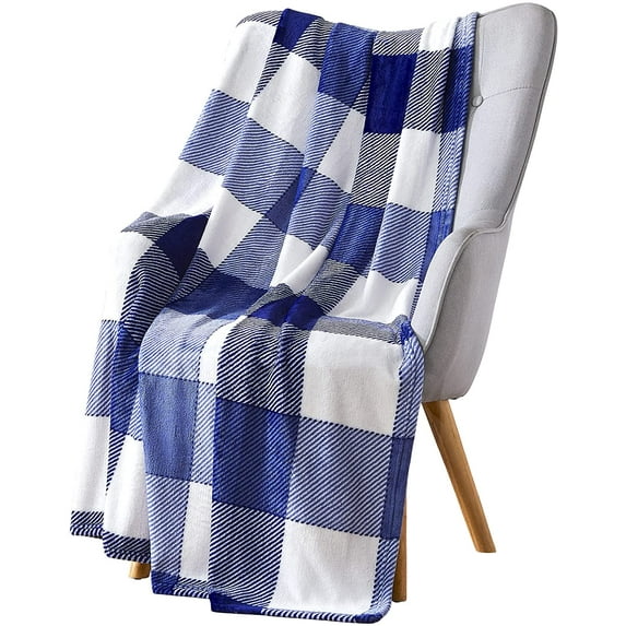 Serafina Home Farmhouse Buffalo Check Blue Throw Blankets: Soft Plush Decorative Accent for Couch or Bed, Colored: Navy Denim Blue White