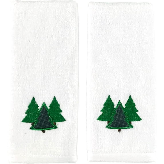 Serafina Home Farmhouse Christmas Fingertip Towels: Plush Velour Cotton Embroidered Forest Trees, One with Decorative Plaid, Set of 2 Towels (18" x 11" Inch)