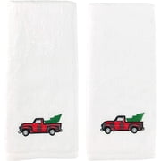 Serafina Home Farmhouse Christmas Hand Towels Plush Velour Cotton Embroidered Forest Trees Decorative Plaid Truck, Set of 2
