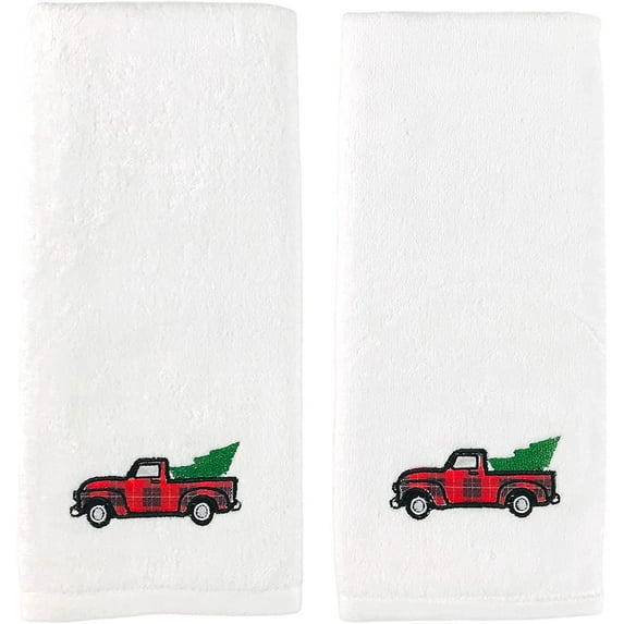 Serafina Home Farmhouse Christmas Hand Towels: Plush Velour Cotton Embroidered Forest Trees Decorative Plaid Truck, Set of 2