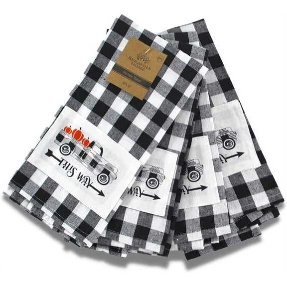 Serafina Home Farmhouse Fall Decor Kitchen Dish Towels Set: Black and White Check Dish Towel with Country Truck Hauling Harvest Pumpkins Patch, This Way to The Seasonal Fun!