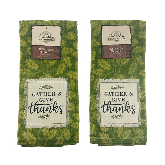 Serafina Home Farmhouse Fall Decor Kitchen Dish Towels Set: Two (2) Autumn Green Leaf Velour Towels with Gather and Give Thanks Patch (Gather Patch)