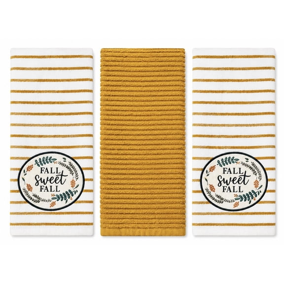 Serafina Home Farmhouse Fall Decor Kitchen Dish Towels Set: Two (2) Harvest Yellow Striped with Fall Sweet Fall Patch (Sweet Fall)