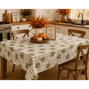 Serafina Home Farmhouse Fall Decor Vinyl Flannel Back Tablecloth Country Harvest Green and White Pumpkin Gourds with Taupe Gingham Background 52" x 70" inch, Rectangle